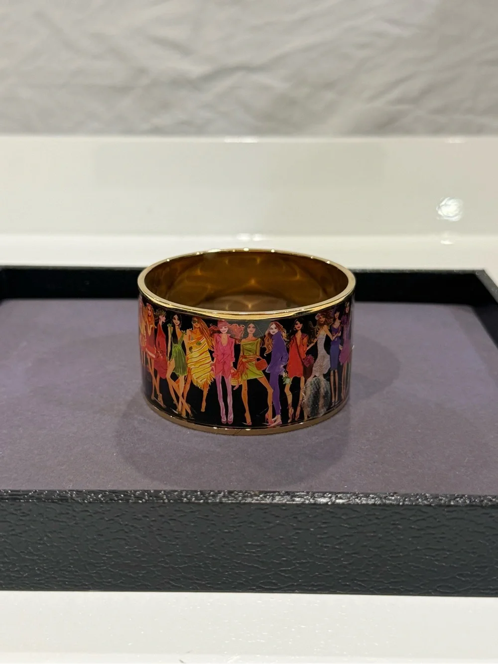 Henri Bendel New York Wide Enamel Fashion Illustration Gold Tone Bracelet